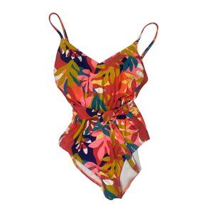 Womens Tropical Floral One-Piece Swimsuit With Adjustable Straps & Waist Tie Nyl